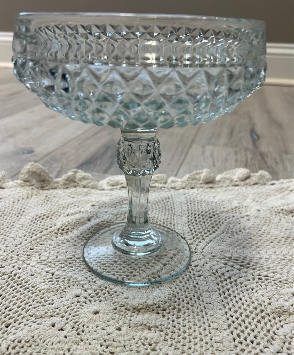 Vintage Indiana Glass Diamond Point Pedestal Compote Bowl Clear 7.5” USA